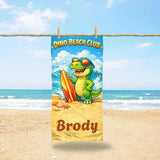 Personalized Dino Beach Towel with Name, Dinosaur Surf Beach Towel, Kids Summer Pool Towel, Custom Vacation Gift, Fun Beach Gift for Boys