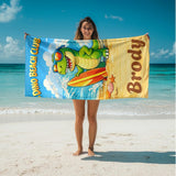 Personalized Dino Beach Towel with Name, Dinosaur Surf Beach Towel, Kids Summer Pool Towel, Custom Vacation Gift, Fun Beach Gift for Boys