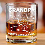 Fist Bumps And Good Times - Family Personalized Custom Whiskey Glass - Father's Day, Gift For Dad, Grandpa, Hands With Kids Names Glass