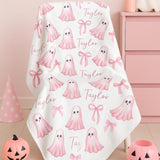 Personalized Name Coquette Halloween Ghost Blanket - Pink Bows & Name Cute Girly Halloween Decor - Custom Name Throw Blanket for Girls Fall Girl Gift