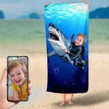 Custom Shark Beach Towel,Personalized with Face Pool Towel,Fun Summer Gift for Kids,Boys Pool Towel,Funny Towel,Gift for Kid/Boy/Girls