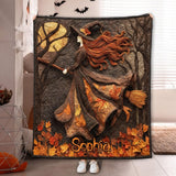 Personalized Halloween Witch Flying Quilt Blanket, Custom Witch Autumn Throw Blanket, Spooky Fall Home Decor, Witch Lovers Gift