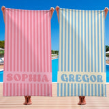 Groovy Striped Personalized Beach Towel with Name, Custom Name Pool Party Towels, Retro Style Bridesmaid Towel, Birthday Vacation Gift, Swimming Club Towel