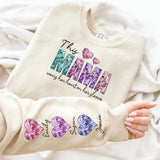 This Mama Wears Her Heart On Sleeve - Personalized Kids Name On The Sleeve Sweatshirt - Faux Glitter Tee - Mothers Day Gift - Valentine's Day Sweatshirt -Perfect Christmas Gift for Mom
