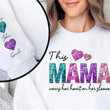 This Mama Wears Her Heart On Sleeve - Personalized Kids Name On The Sleeve Sweatshirt - Faux Glitter Tee - Mothers Day Gift - Valentine's Day Sweatshirt -Perfect Christmas Gift for Mom