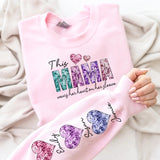 This Mama Wears Her Heart On Sleeve - Personalized Kids Name On The Sleeve Sweatshirt - Faux Glitter Tee - Mothers Day Gift - Valentine's Day Sweatshirt -Perfect Christmas Gift for Mom