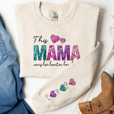 This Mama Wears Her Heart On Sleeve - Personalized Kids Name On The Sleeve Sweatshirt - Faux Glitter Tee - Mothers Day Gift - Valentine's Day Sweatshirt -Perfect Christmas Gift for Mom