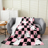 Halloween Fleece Blanket - Kawaii Bowknot Ghost Flannel Blanket - Gothic Spider Web Bat Fuzzy Plush Throw for Kids Boys Girls - Halloween Checkered Decor for Bed Couch