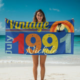 Personalized Birthday Beach Towel with Name, Year and Birth Month- Customizable Birthday Gift for Family and Friends