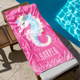 Seahorse Beach Towel for Girls, Personalized Kids Beach Towel, Cute Ocean Theme Beach Towel, Custom Name Girls Towel, Summer Pool Gift