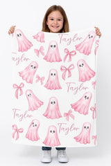 Personalized Name Coquette Halloween Ghost Blanket - Pink Bows & Name Cute Girly Halloween Decor - Custom Name Throw Blanket for Girls Fall Girl Gift
