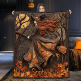 Personalized Halloween Witch Flying Quilt Blanket, Custom Witch Autumn Throw Blanket, Spooky Fall Home Decor, Witch Lovers Gift