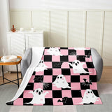 Halloween Fleece Blanket - Kawaii Bowknot Ghost Flannel Blanket - Gothic Spider Web Bat Fuzzy Plush Throw for Kids Boys Girls - Halloween Checkered Decor for Bed Couch