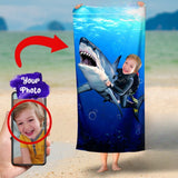 Custom Shark Beach Towel,Personalized with Face Pool Towel,Fun Summer Gift for Kids,Boys Pool Towel,Funny Towel,Gift for Kid/Boy/Girls