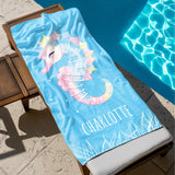 Seahorse Beach Towel for Girls, Personalized Kids Beach Towel, Cute Ocean Theme Beach Towel, Custom Name Girls Towel, Summer Pool Gift