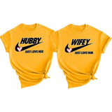 Just Love Him/Her Hubby and Wife Matching T shirts - Matching Couple Shirts for Valentine's Day, Wedding Anniversary, Birthday