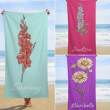 Personalized Birth Flower Beach Towel With Name - Birth Flower Beach Towel - Mothers Day, Bridesmaid Proposal, Party Favor, Wedding, Birth Flower Gifts for Her