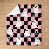 Halloween Fleece Blanket - Kawaii Bowknot Ghost Flannel Blanket - Gothic Spider Web Bat Fuzzy Plush Throw for Kids Boys Girls - Halloween Checkered Decor for Bed Couch
