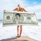 Personalized 100 dollar bill Beach Towel with Photo, Date and any Text - Perfect for the Bride, birthday, party money - Your Face on 100 Dollar Bill Beach Towel