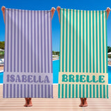 Groovy Striped Personalized Beach Towel with Name, Custom Name Pool Party Towels, Retro Style Bridesmaid Towel, Birthday Vacation Gift, Swimming Club Towel