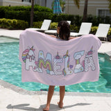 Personalized Unicorn Beach Towel with Name - Cute Unique Gift for Girl Boy Kids - Birthday Party Favor, Kid Pool Party Towel, Graduation Gift, Kid Girl Beach Towel, Girl Summer Camp Towel