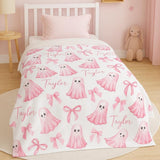 Personalized Name Coquette Halloween Ghost Blanket - Pink Bows & Name Cute Girly Halloween Decor - Custom Name Throw Blanket for Girls Fall Girl Gift