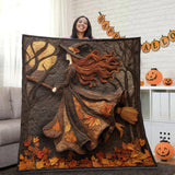 Personalized Halloween Witch Flying Quilt Blanket, Custom Witch Autumn Throw Blanket, Spooky Fall Home Decor, Witch Lovers Gift