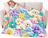Cute 3D Plush Blanket, Teddy Pastel Floral Print Flannel Throw for Couch and Bed