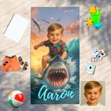 Personalized Shark Beach Towel,Custom Face & Name Kids Pool Towel,Summer Vacation Gift,Funny Shark Surfing Towel for Boys,Gift for Kids/Boys/Girls