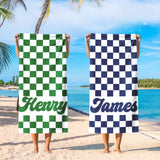 Personalized Checkerboard Beach Towel with Name, Custom Summer Beach Gift for Family & Friends Trip, Custom Name Gift for Family Vacation, Birthday, Kids and Adults