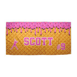 Personalized Ice Cream Drip Baseball Beach Towel with Name and Number for Boys Girls, Custom Name Drip Beach Towel, Pool Towel, Team Gift, Youth Baseball Gift