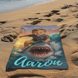 Personalized Shark Beach Towel,Custom Face & Name Kids Pool Towel,Summer Vacation Gift,Funny Shark Surfing Towel for Boys,Gift for Kids/Boys/Girls