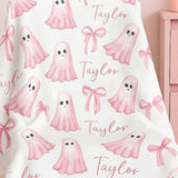 Personalized Name Coquette Halloween Ghost Blanket - Pink Bows & Name Cute Girly Halloween Decor - Custom Name Throw Blanket for Girls Fall Girl Gift
