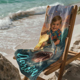 Personalized Shark Beach Towel,Custom Face & Name Kids Pool Towel,Summer Vacation Gift,Funny Shark Surfing Towel for Boys,Gift for Kids/Boys/Girls
