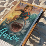 Personalized Shark Beach Towel,Custom Face & Name Kids Pool Towel,Summer Vacation Gift,Funny Shark Surfing Towel for Boys,Gift for Kids/Boys/Girls
