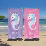 Seahorse Beach Towel for Girls, Personalized Kids Beach Towel, Cute Ocean Theme Beach Towel, Custom Name Girls Towel, Summer Pool Gift