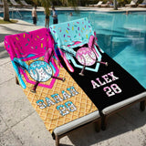 Custom Name Baseball Beach Towel, Ice Cream Drip Sports Pool Towel, Personalized Summer Gift for Kids