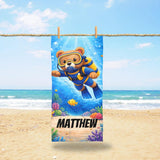 Personalized Kids Beach Towel with Name, Scuba Diving Teddy Bear Ocean Explorer Boy Gift, Custom Summer Pool Essential, Toddler Swim Blanket
