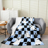 Halloween Fleece Blanket - Kawaii Bowknot Ghost Flannel Blanket - Gothic Spider Web Bat Fuzzy Plush Throw for Kids Boys Girls - Halloween Checkered Decor for Bed Couch