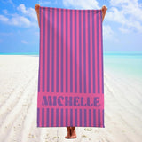 Groovy Striped Personalized Beach Towel with Name, Custom Name Pool Party Towels, Retro Style Bridesmaid Towel, Birthday Vacation Gift, Swimming Club Towel