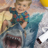 Personalized Shark Beach Towel,Custom Face & Name Kids Pool Towel,Summer Vacation Gift,Funny Shark Surfing Towel for Boys,Gift for Kids/Boys/Girls
