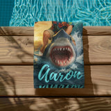 Personalized Shark Beach Towel,Custom Face & Name Kids Pool Towel,Summer Vacation Gift,Funny Shark Surfing Towel for Boys,Gift for Kids/Boys/Girls