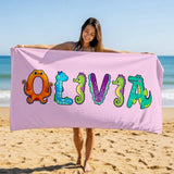 Personalized Kids Beach Towel, Custom Animal Lettering Pool Towel, Fun Animal Beach Designs, Vacation Gift, Family Trip Towel