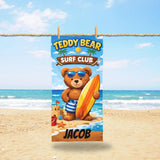 Personalized Kids Beach Towel with Name, Teddy Bear Surf Club Pool Towel, Custom Summer Vacation Gift for Boys, Cute Toddler Swim Towel