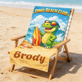 Personalized Dino Beach Towel with Name, Dinosaur Surf Beach Towel, Kids Summer Pool Towel, Custom Vacation Gift, Fun Beach Gift for Boys