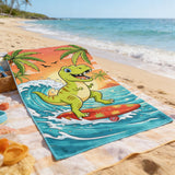 Surfing Dinosaur Beach Towel – Cute Summer Dino Riding Waves, Fun Cartoon Ocean Towel for Kids & Teens