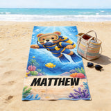 Personalized Kids Beach Towel with Name, Scuba Diving Teddy Bear Ocean Explorer Boy Gift, Custom Summer Pool Essential, Toddler Swim Blanket