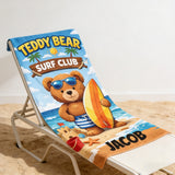 Personalized Kids Beach Towel with Name, Teddy Bear Surf Club Pool Towel, Custom Summer Vacation Gift for Boys, Cute Toddler Swim Towel
