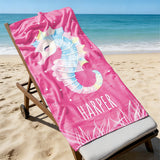 Seahorse Beach Towel for Girls, Personalized Kids Beach Towel, Cute Ocean Theme Beach Towel, Custom Name Girls Towel, Summer Pool Gift