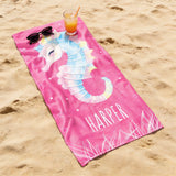 Seahorse Beach Towel for Girls, Personalized Kids Beach Towel, Cute Ocean Theme Beach Towel, Custom Name Girls Towel, Summer Pool Gift